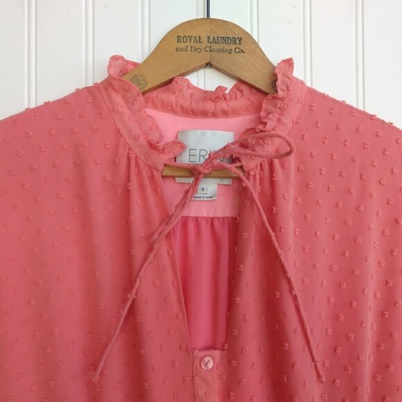 Erin by Erin Fetherston Pink Swiss Dot Dress Size 2 Fit & Flare Tie Neck Ruffle - Picture 3 of 10